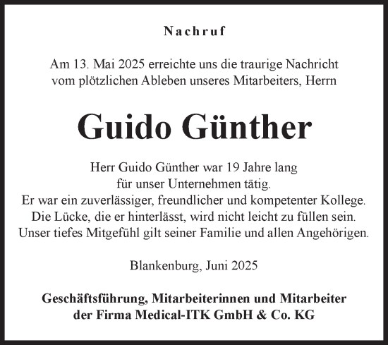 Traueranzeige von Guido Günther von Mitteldeutsche Zeitung Quedlingburg