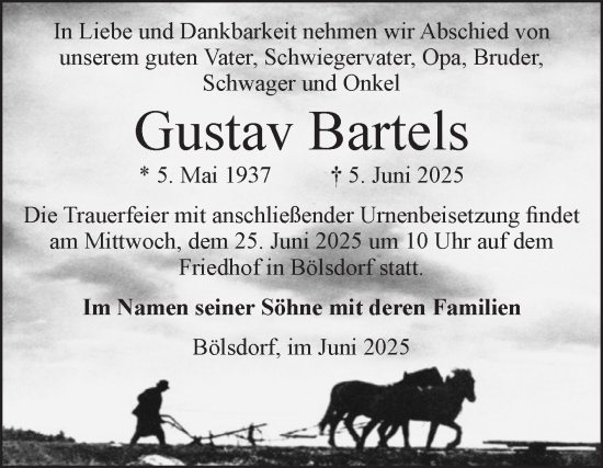 Traueranzeige von Gustav Bartels von Volksstimme Altmark Ost