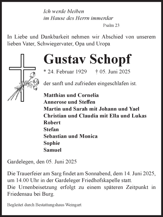 Traueranzeige von Gustav Schopf von Volksstimme Altmark West