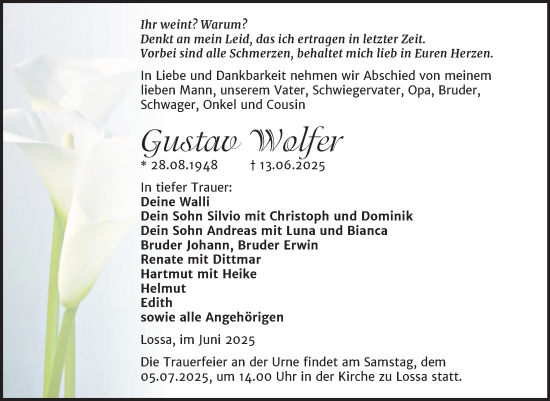 Traueranzeige von Gustav Wolfer von Super Sonntag Naumburg/Nebra