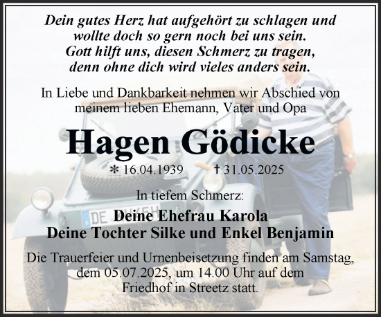 Traueranzeige von Hagen Gödicke von Trauerkombi Dessau