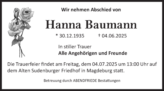 Traueranzeige von Hanna Baumann von Volksstimme Magdeburg