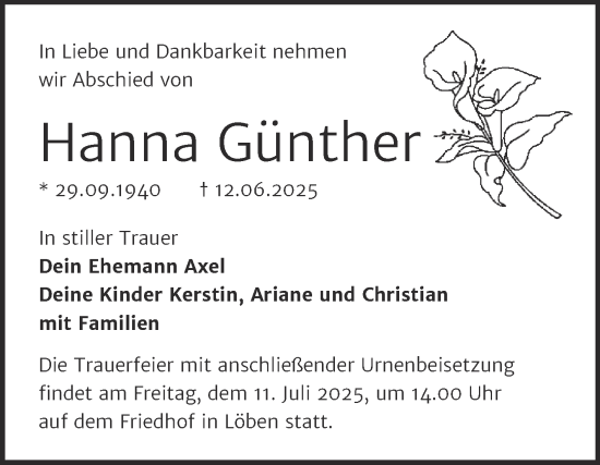 Traueranzeige von Hanna Günther von Trauerkombi Wittenberg