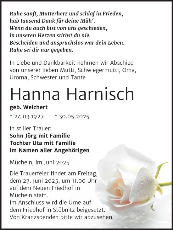 Traueranzeige von Hanna Harnisch von Trauerkombi Merseburg