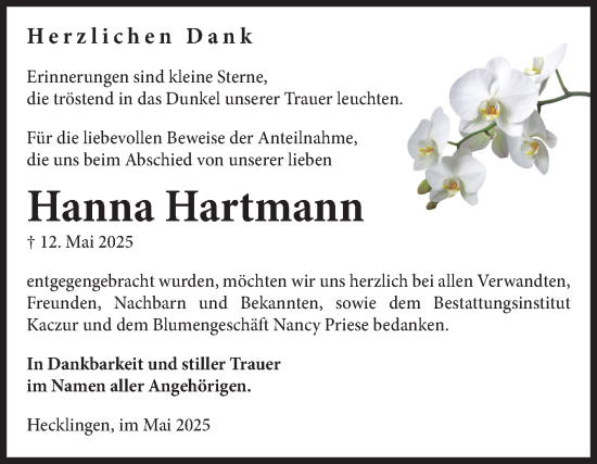 Traueranzeige von Hanna Hartmann 
