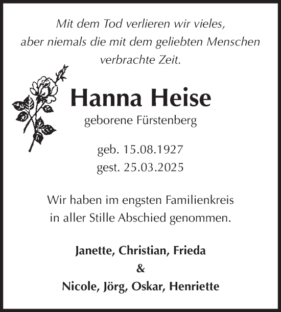 Traueranzeige von Hanna Heise von Volksstimme Schönebeck