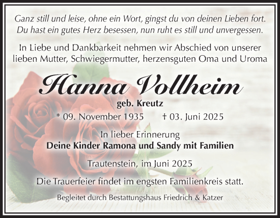 Traueranzeige von Hanna Vollheim von Volksstimme Wernigerode