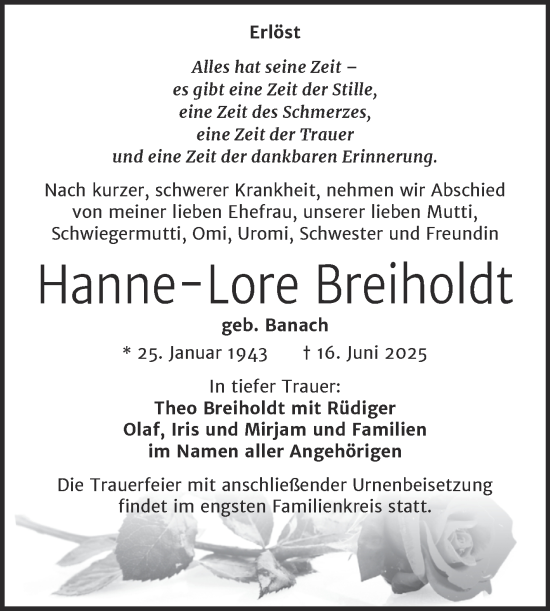 Traueranzeige von Hanne-Lore Breiholdt von Trauerkombi Dessau