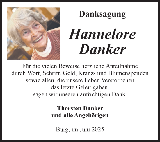 Traueranzeige von Hannelore Danker von Volksstimme Burg/Genthin