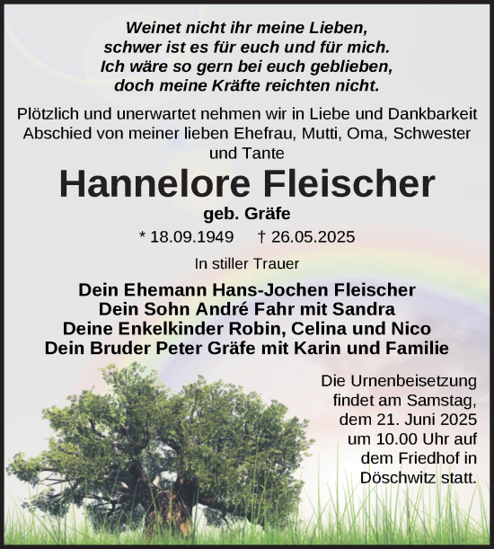 Traueranzeige von Hannelore Fleischer von Trauerkombi Zeitz