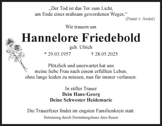Traueranzeige von Hannelore Friedebold von Volksstimme Magdeburg