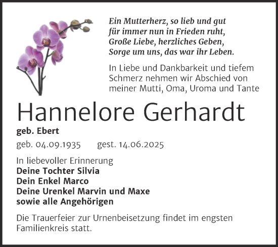 Traueranzeige von Hannelore Gerhardt von Trauerkombi Weißenfels