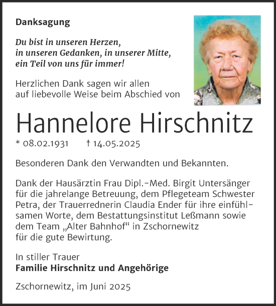 Traueranzeige von Hannelore Hirschnitz von Trauerkombi Wittenberg