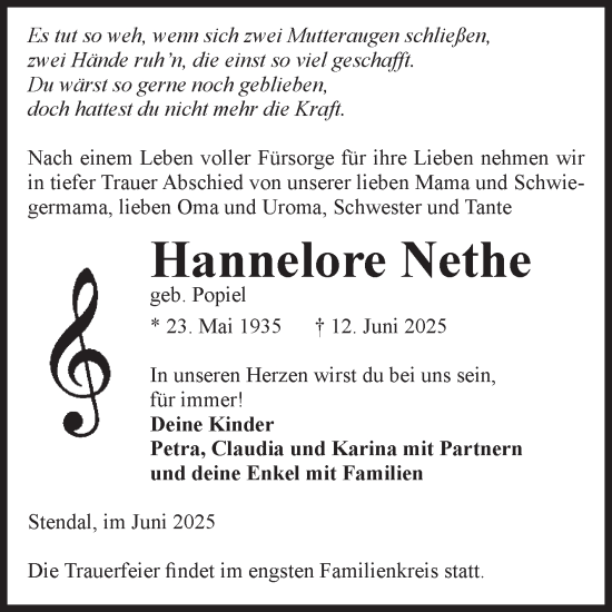 Traueranzeige von Hannelore Nethe von Volksstimme Altmark Ost