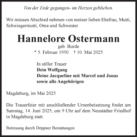 Traueranzeige von Hannelore Ostermann von Volksstimme Magdeburg