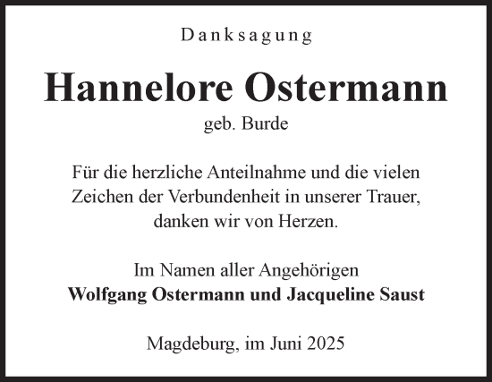 Traueranzeige von Hannelore Ostermann von Volksstimme Magdeburg