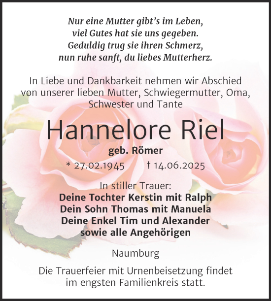 Traueranzeige von Hannelore Riel von Super Sonntag Naumburg/Nebra