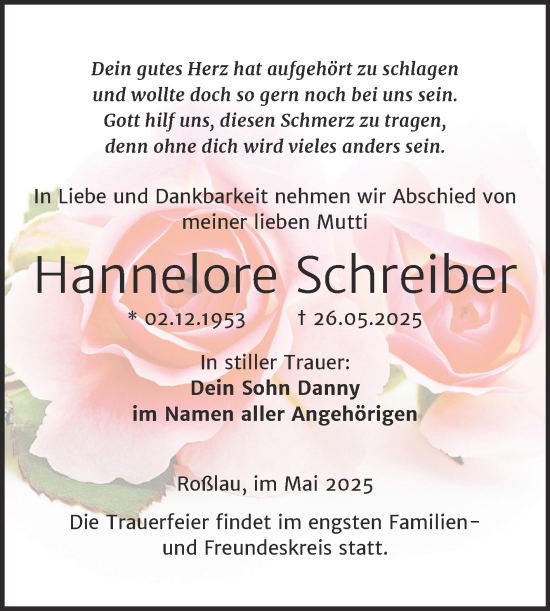 Traueranzeige von Hannelore Schreiber von Trauerkombi Dessau