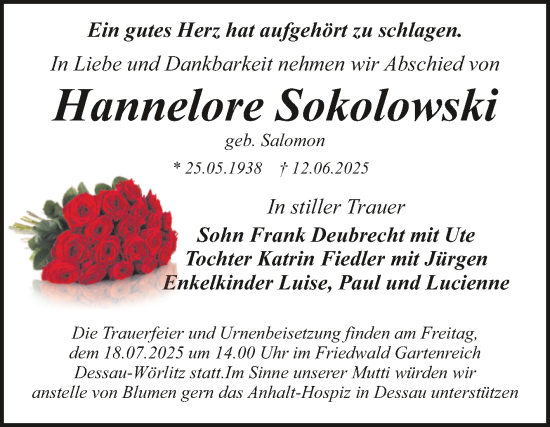 Traueranzeige von Hannelore Sokolowski von Trauerkombi Dessau