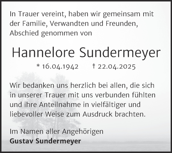 Traueranzeige von Hannelore Sundermeyer von Trauerkombi Wittenberg