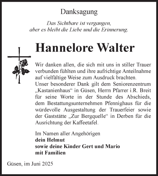 Traueranzeige von Hannelore Walter von Volksstimme Burg/Genthin