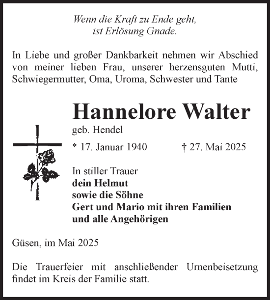 Traueranzeige von Hannelore Walter von Volksstimme Burg/Genthin
