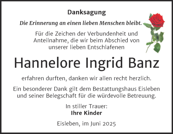 Traueranzeige von Hannelore Ingrid Banz von Trauerkombi Mansfelder Land