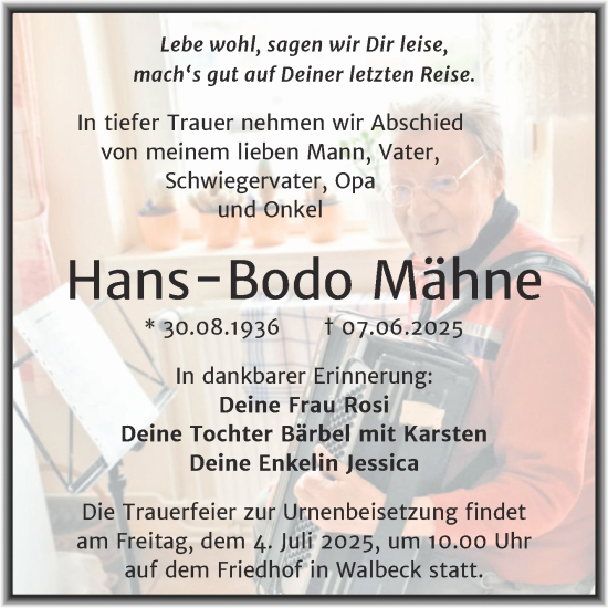Traueranzeige von Hans-Bodo Mähne von Trauerkombi Mansfelder Land