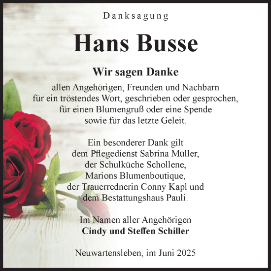 Traueranzeige von Hans Busse von Volksstimme Altmark Ost