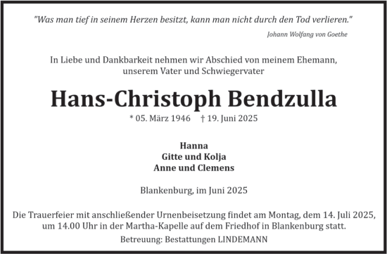 Traueranzeige von Hans-Christoph Bendzulla von Mitteldeutsche Zeitung Quedlingburg