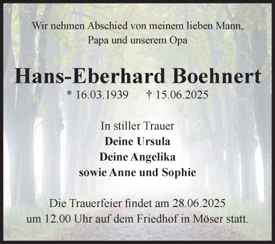 Traueranzeige von Hans-Eberhard Boehnert von Volksstimme Burg/Genthin