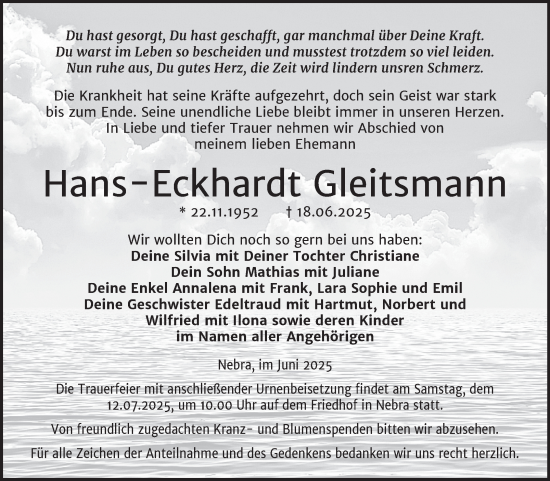 Traueranzeige von Hans-Eckhardt Gleitsmann von Super Sonntag Naumburg/Nebra
