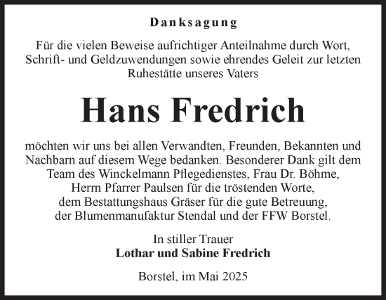 Traueranzeige von Hans Fredrich von Volksstimme Altmark Ost