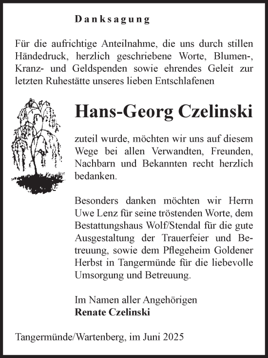 Traueranzeige von Hans-Georg Czelinski von Volksstimme Altmark Ost