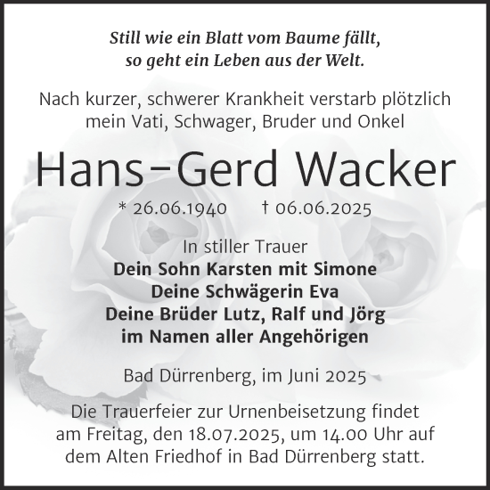 Traueranzeige von Hans-Gerd Wacker von Trauerkombi Merseburg