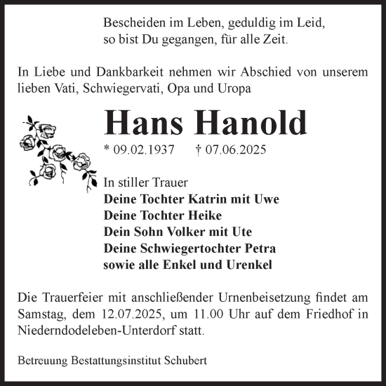 Traueranzeige von Hans Hanold von Volksstimme Haldensleben/Wolmirstedt