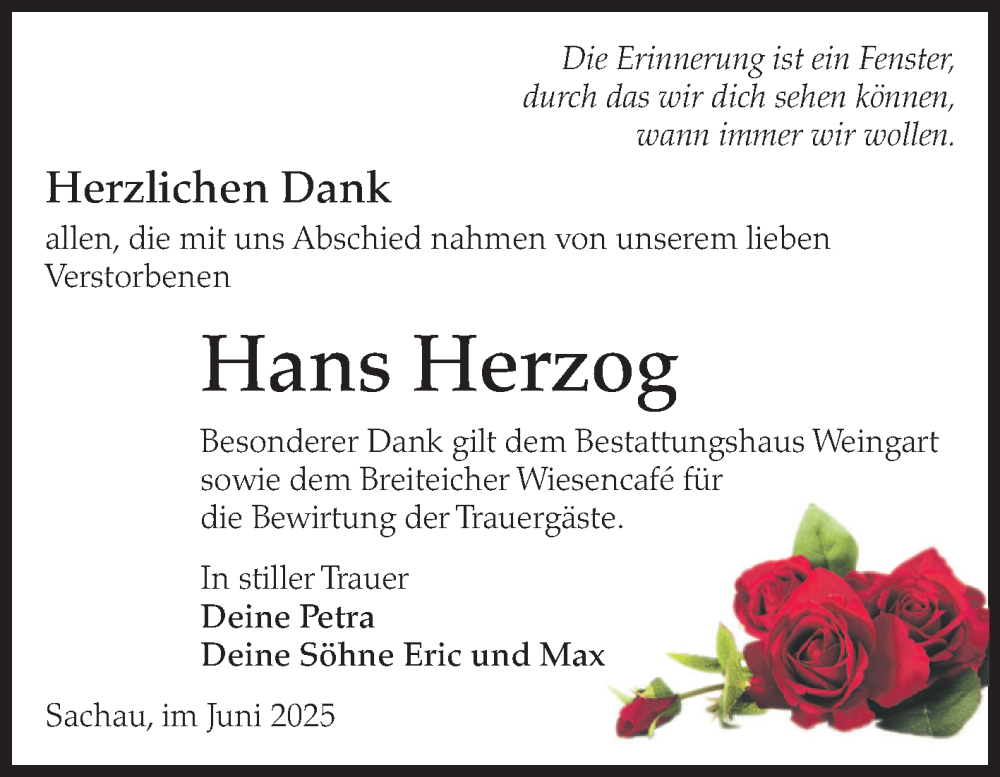  Traueranzeige für Hans Herzog vom 28.06.2025 aus Volksstimme Altmark West