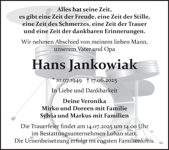 Traueranzeige von Hans Jankowiak von Trauerkombi Bitterfeld