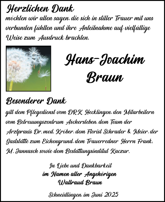 Traueranzeige von Hans-Joachim Braun 