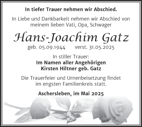 Traueranzeige von Hans-Joachim Gatz von Trauerkombi Aschersleben