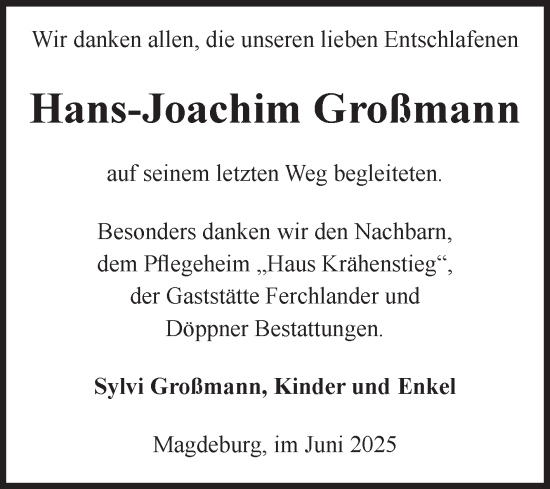 Traueranzeige von Hans-Joachim Großmann von Volksstimme Magdeburg