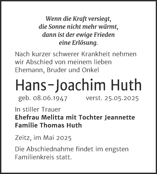Traueranzeige von Hans-Joachim Huth von Trauerkombi Zeitz