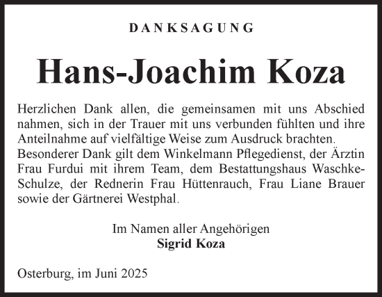 Traueranzeige von Hans-Joachim Koza von Volksstimme Altmark Ost