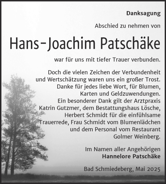 Traueranzeige von Hans-Joachim Patschäke von Trauerkombi Wittenberg
