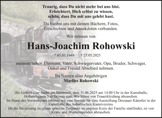 Traueranzeige von Hans-Joachim Rohowski von Trauerkombi Dessau