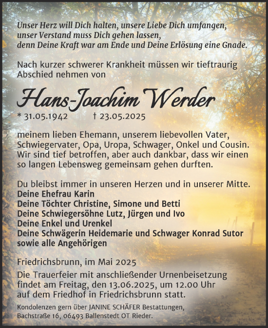 Traueranzeige von Hans-Joachim Werder von Trauerkombi Quedlinburg