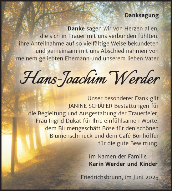 Traueranzeige von Hans-Joachim Werder von Trauerkombi Quedlinburg