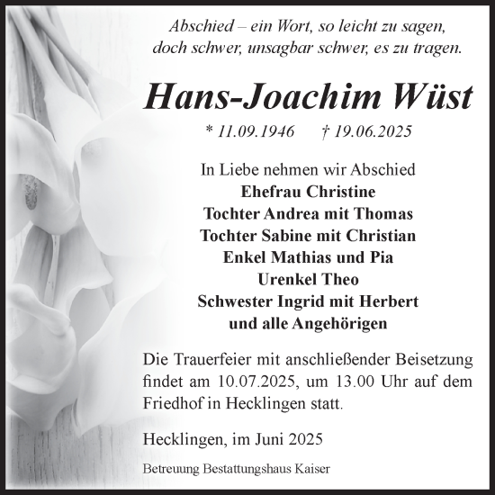 Traueranzeige von Hans-Joachim Wüst 
