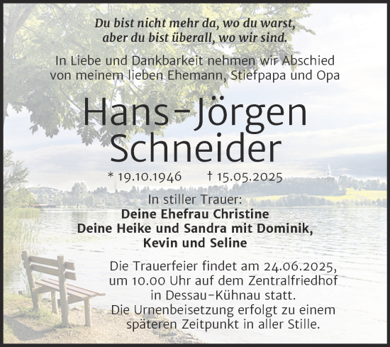 Traueranzeige von Hans-Jörgen Schneider von Trauerkombi Dessau