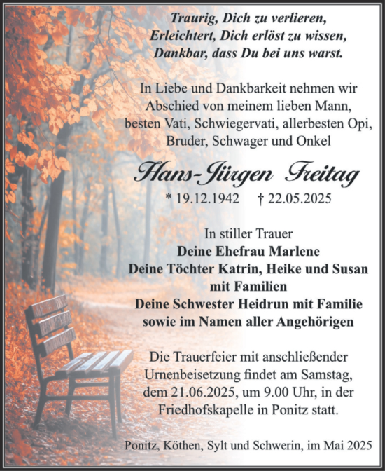 Traueranzeige von Hans-Jürgen Freitag von Super Sonntag Köthen